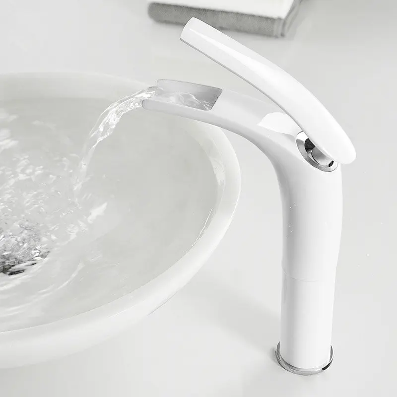 Bathroom Basin Faucet White and Black  Solid Brass Specail Sink Mixer Tap Hot & Cold Waterfall Basin Faucet