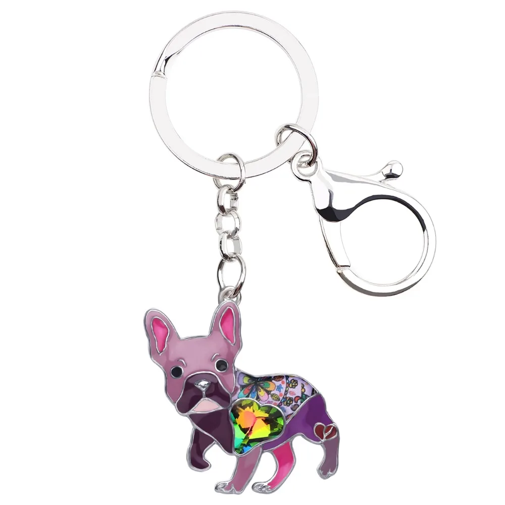 Bonsny Enamel Alloy Rhinestone French Bulldog Pug Dog Key Chains Keychain Animal Jewelry For Women Girls Bag Car Charms Gift Pet