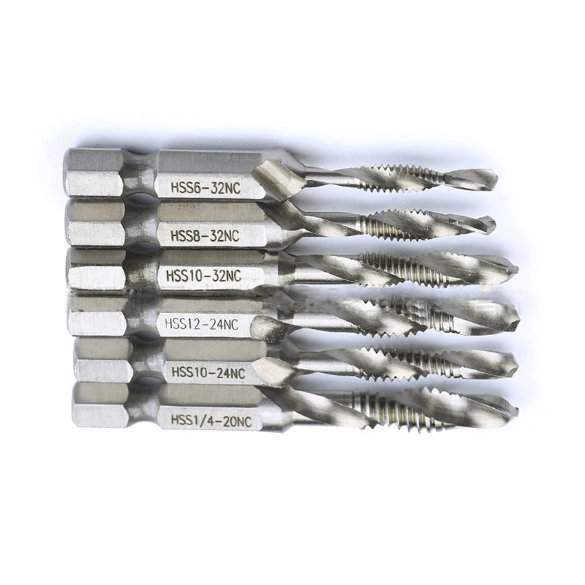 6PCS/Set HSS Hex Shank Spiral Flute Drill Tap NPT Composite Tapping Drill 6-32NC, 8-32NC, 10-32NC, 10-24NC, 12-24NC, 1/4-20NC