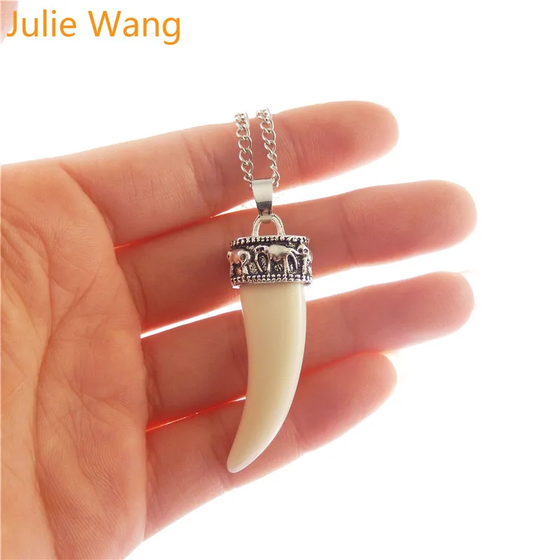 Julie Wang 1PCS Alloy Vintage Animal Teeth Imitation Ivory Long Chain Necklace Pendants Women Men Jewelry Choker