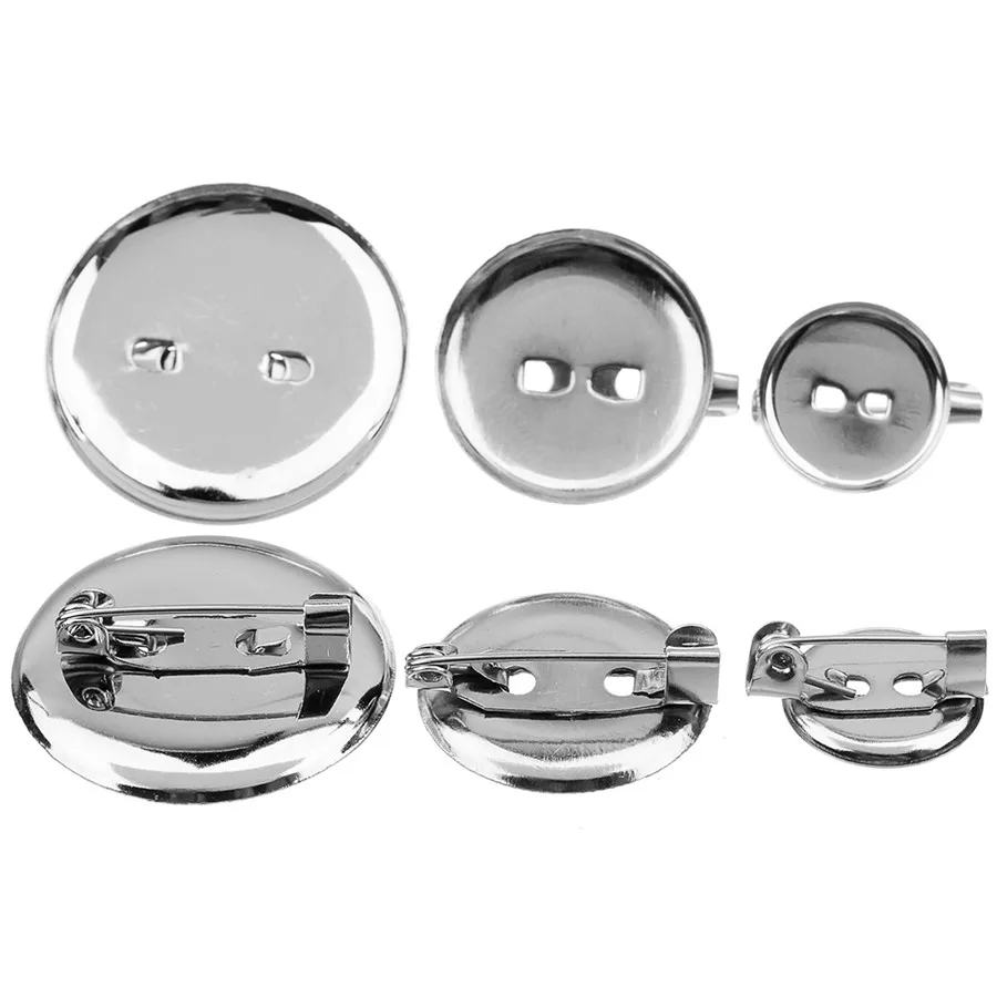 50pcs Metal Rhodium Platting with Bottom Paper Clip 13/19/24/29mm Round Blank Bezel Brooch Cabochon Base For DIY Jewelry Making