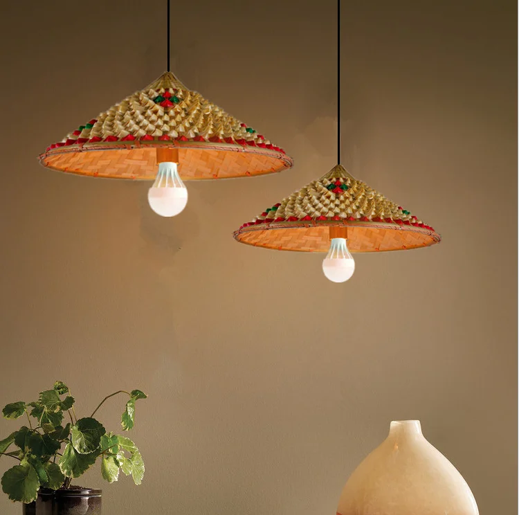 

Rural style traditional hand knitting Bamboo Pendant Lights Creative retro straw hat E27 lights for bar&porch&agritainment DD001