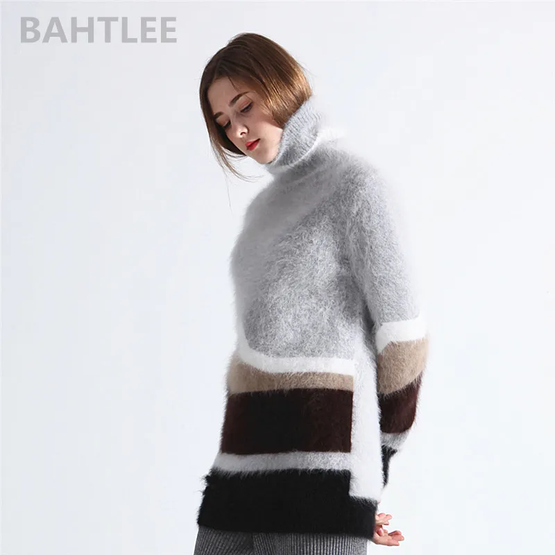 BAHTLEE-Women's Angora Turtleneck Knitted Pullovers, Wool Jumper, Hole Design, Long Sleeves, Keep Warm, Loose, Winter