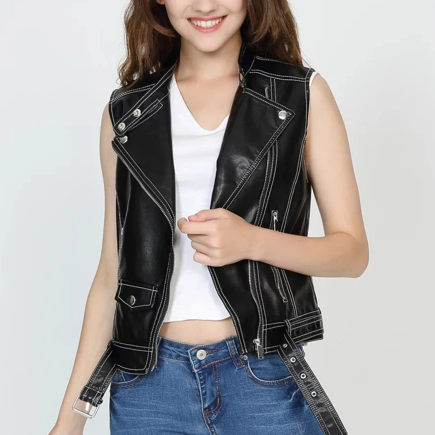 New Fashion Women Leather Vest Sleeveless Leather jacket Pockets colete feminino PU vest Waist coat leather coat red black color