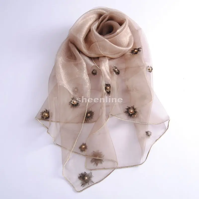 17 Colors Double Layer Silk Organza Long Scarf Beading Flowers Autumn Winter Warm Wrap Ethnic Pashmina with Lace Edging