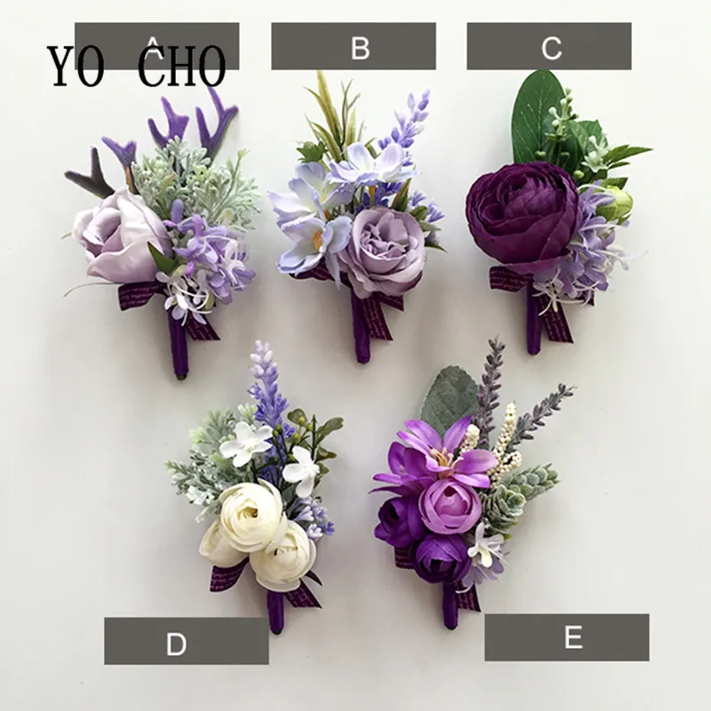 YO CHO Purple Bridesmaid Wrist Flowers Handmade Wedding Corsages and Boutonnieres Brooch Artificial Rose Bride Groom Boutonniere