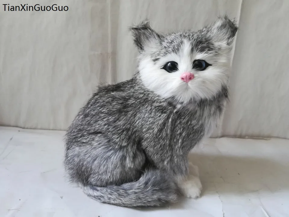 about 18x16cm plastic&fur gray squatting cat hard model prop craft home decoration toy gift w0559