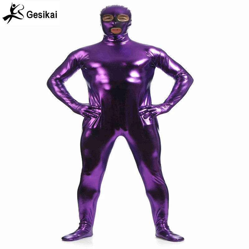 Gesikai fantasia adulto metálico abrir os olhos e boca zentai completo bodysuit brilhante homens collants terno macacões homens trajes de halloween