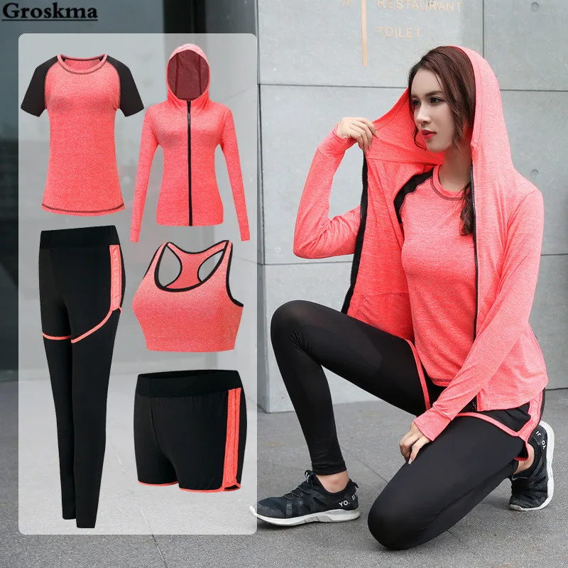 Quick dry women yoga clothing hooded coats+t shirt+bra+shorts+pants sets women autumn outdoor running sportswear gym Suits