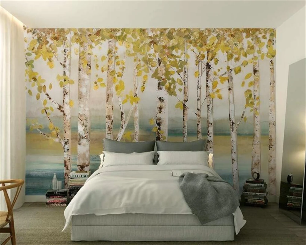 

Beibehang Custom wallpaper white birch forest painting TV background wall living room bedroom background murals 3D wallpaper