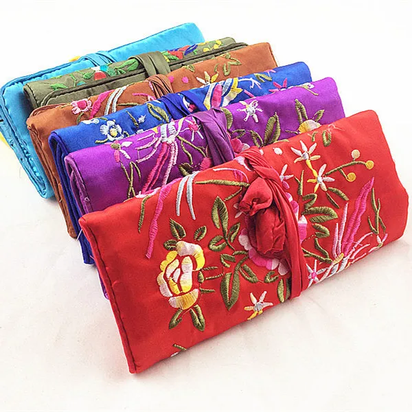 Embroidery Flower Birds Travel Silk Jewelry Roll Bags Large Drawstring Zipper Cosmetic Makeup Pouches Party Favor