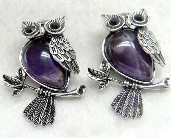 Vintage Silver Plated Owl  Natural Stone Opal Turquoises Quartz Crystal lapis Brooch pendant For diy Jewelry making Accessories