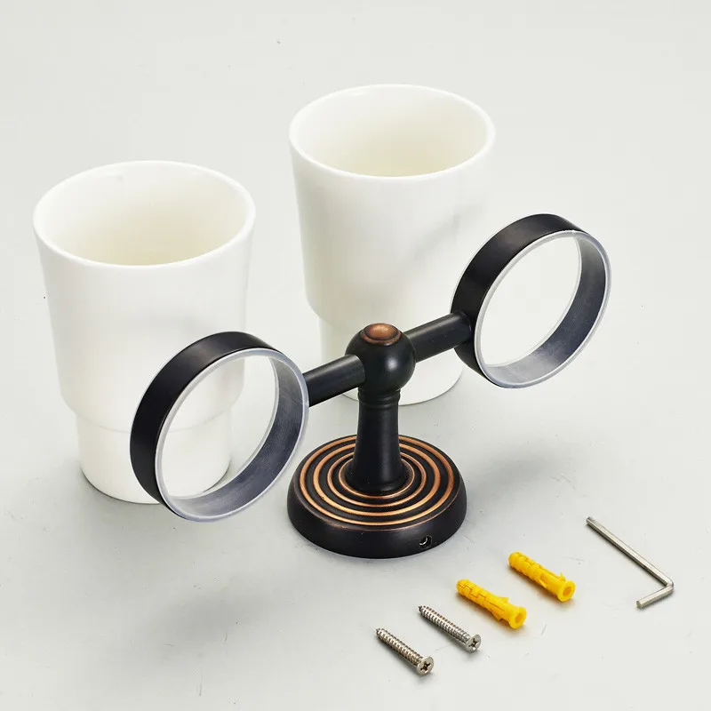 Brass Double Ceramic Cups Holders ,Toothbrush Holder Bathroom Home Decoration Black Wall Tumbler Holder