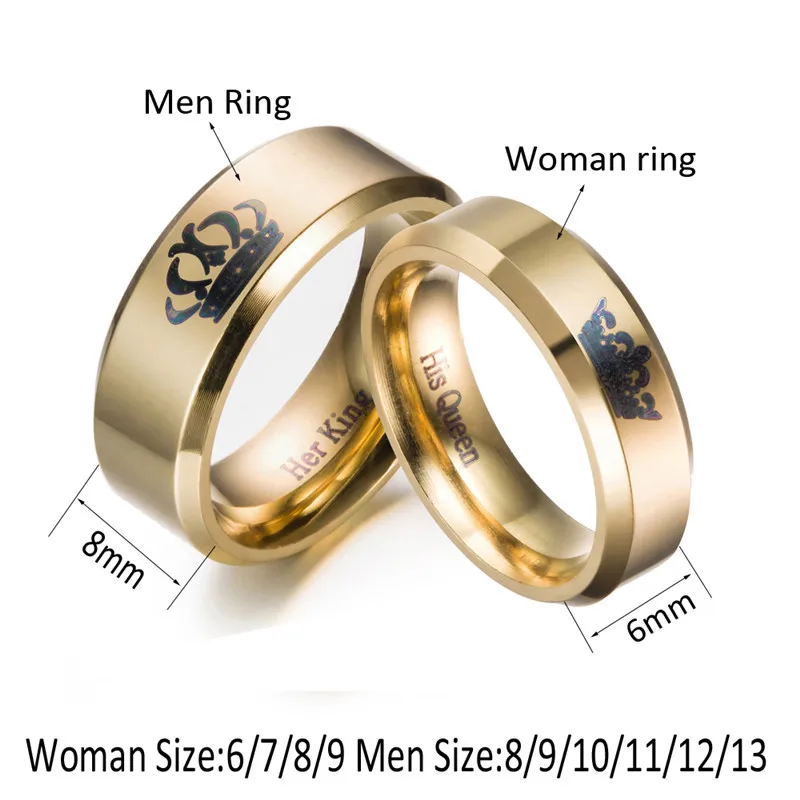 Gold colour King And Queen Stainless Steel Crown Couple Rings Gold Rings For Couples Lovers Love Promise Rings For Men Women