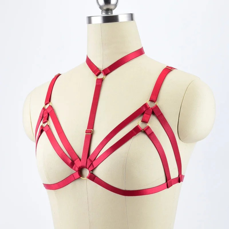 Women red elastic Fetish Body Harness Wear Cage Bra Bondage Lingerie Handmade Cupless Body Harness Goth Crop Top Underwear