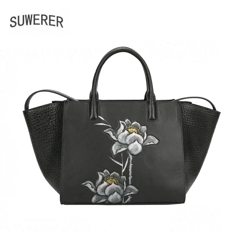 SUWERER 2023 New women genuine leather bag famous brands Embossing flower fashion top cowhide big bag women leather handbags