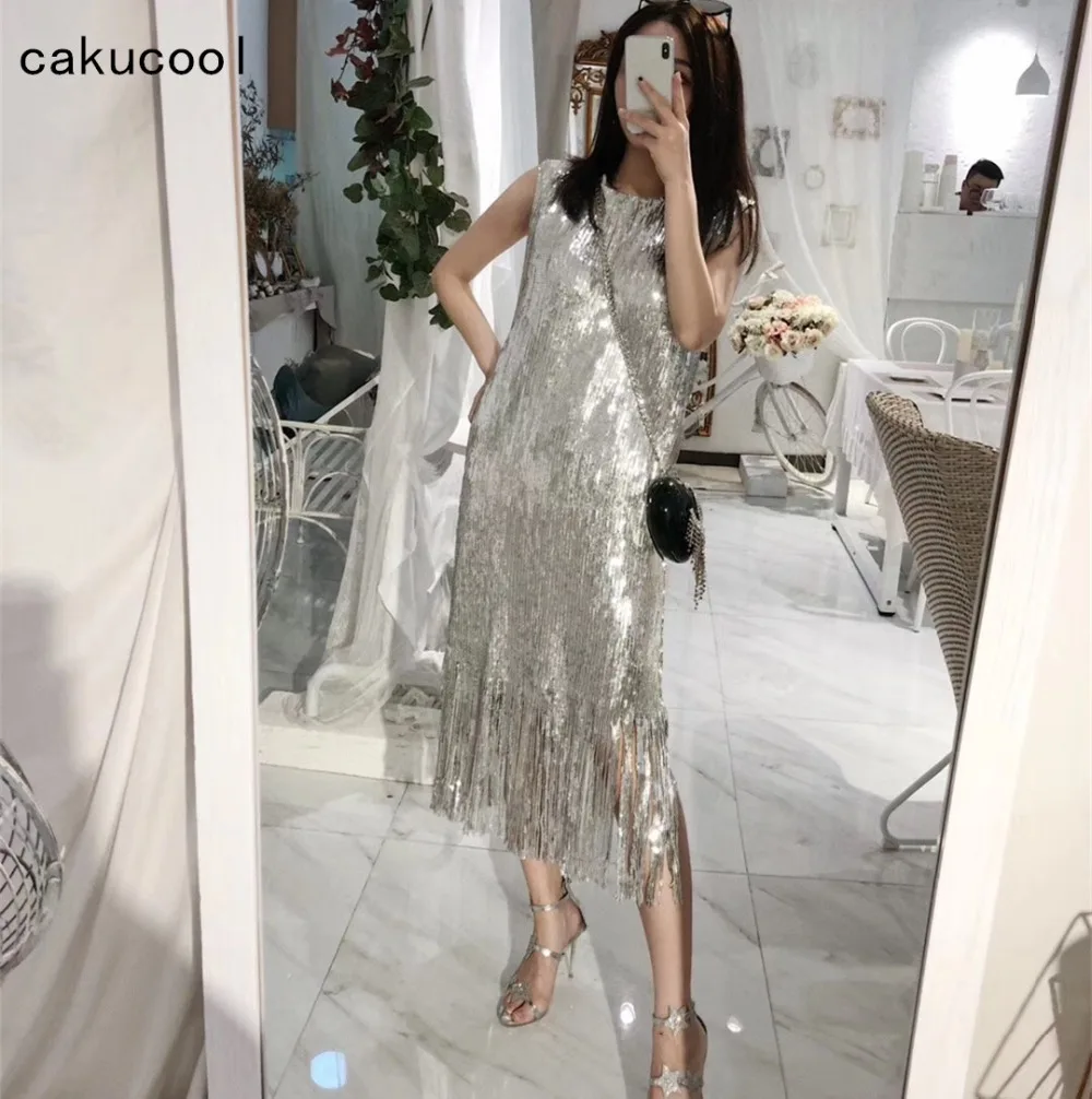 Cakucool Heavy Sequined Tassels X long Shirt Korean Design Round Neck Straight Long Shiny Silver blouse Sexy Evening Vestido