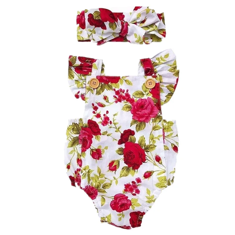 Cute Floral Romper 2pcs Baby Girls Clothes Jumpsuit Romper+Headband 0-24M Age Ifant Toddler Newborn Outfits Set Hot Sale