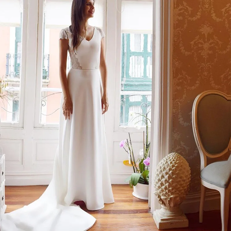 Vestido de novia elegante con cuello en V, manga de casquillo, línea A, apliques plateados, blanco, marfil, hecho A medida