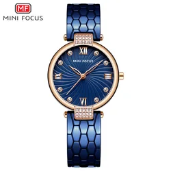 MINI FOCUS Women's Luxury Blue Watches Stainless Steel Bracelet Strap Waterproof Quartz Wristwatch Lady Woman Relogios 0186L
