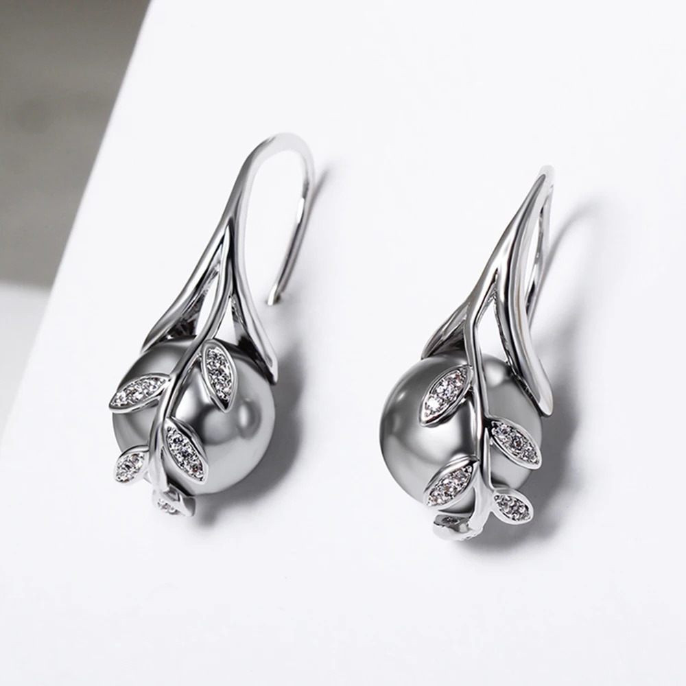 Dropshipping RoseGgold plate pave grey pearl & cubic zircon crystal Wholesale cheap jewelry lots Dangling earrings for women