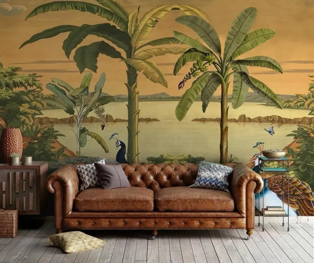 

Customized mural wallpaper 3D European garden hand-painted tropical jungle peacock background wall