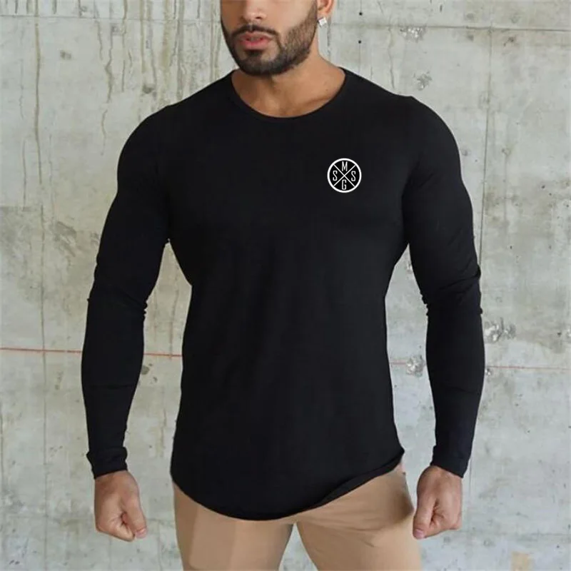 Muscleguys 2023 autum spring long sleeve T shirt men brand fitness clothing print T-shirt male top quality stretch cotton Tshirt