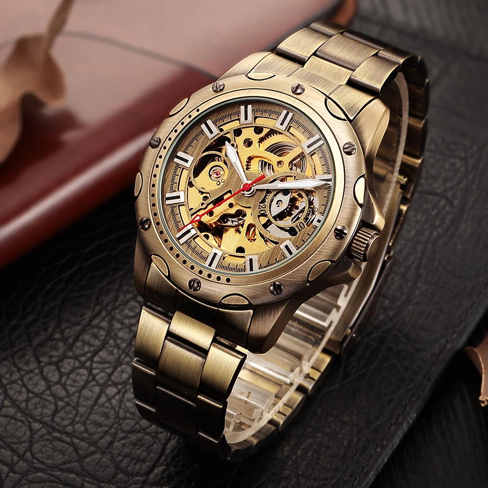 SHENHUA Bronzo Meccanico di Scheletro Della Vigilanza Degli Uomini Automatici Orologio Sport Luxury Top Brand Orologio Inossidabile Dell\'annata