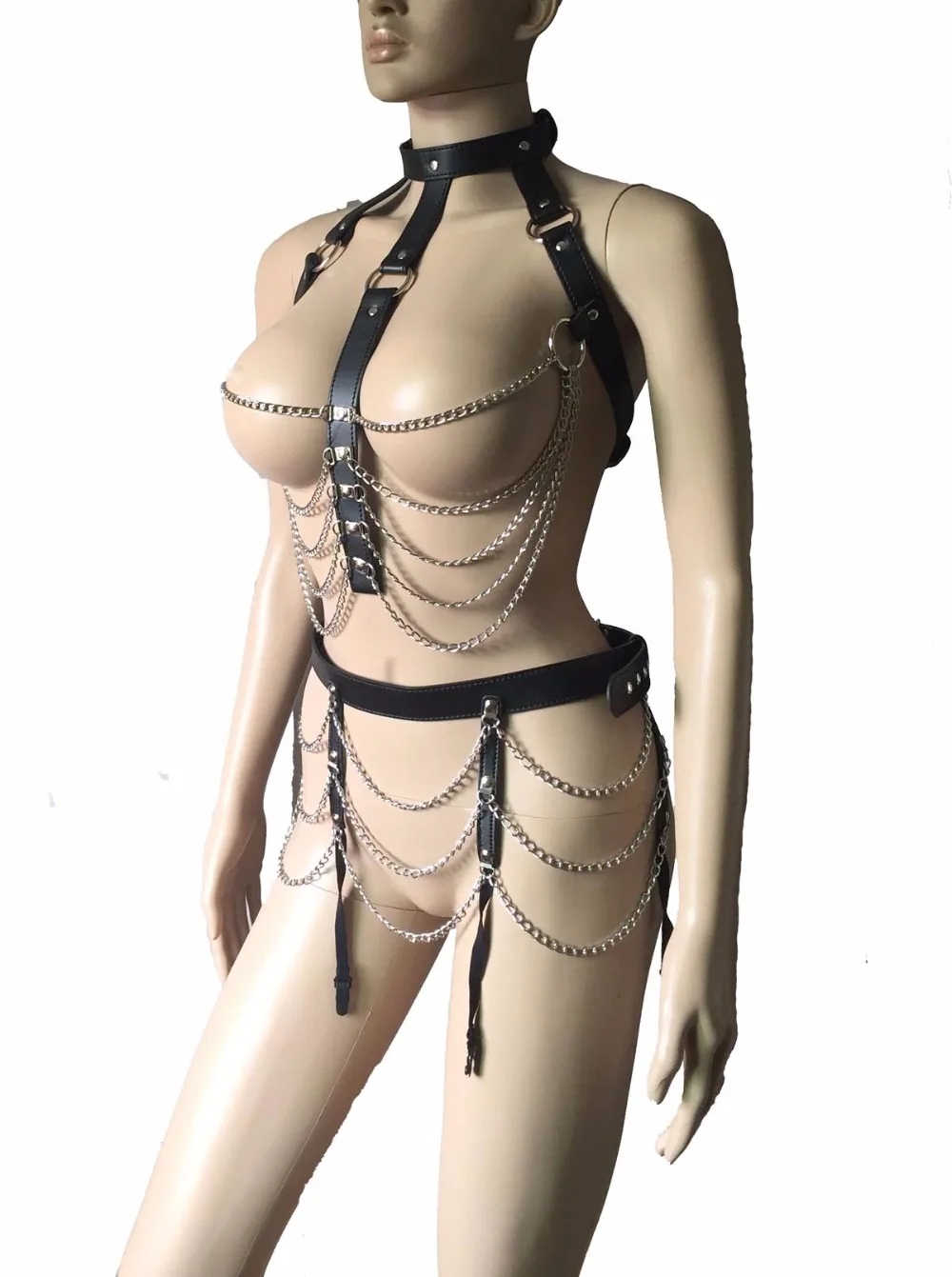 Sexy Womens Metal Chain Combo Body Harness Set Drape Vest Top and Garter Belt Fetish Hen Party Night Club Costume