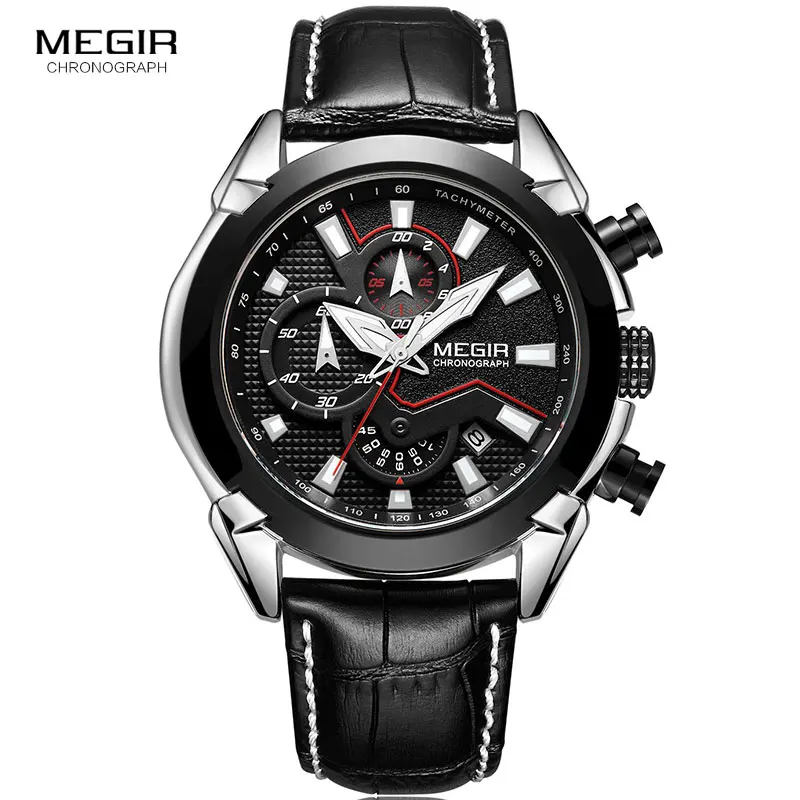 MEGIR Men\'s Top Brand Quartz Watches Leather Chronograph Quartz Wristwatch Military Sports Relogios Masculino relojes 2065 Black