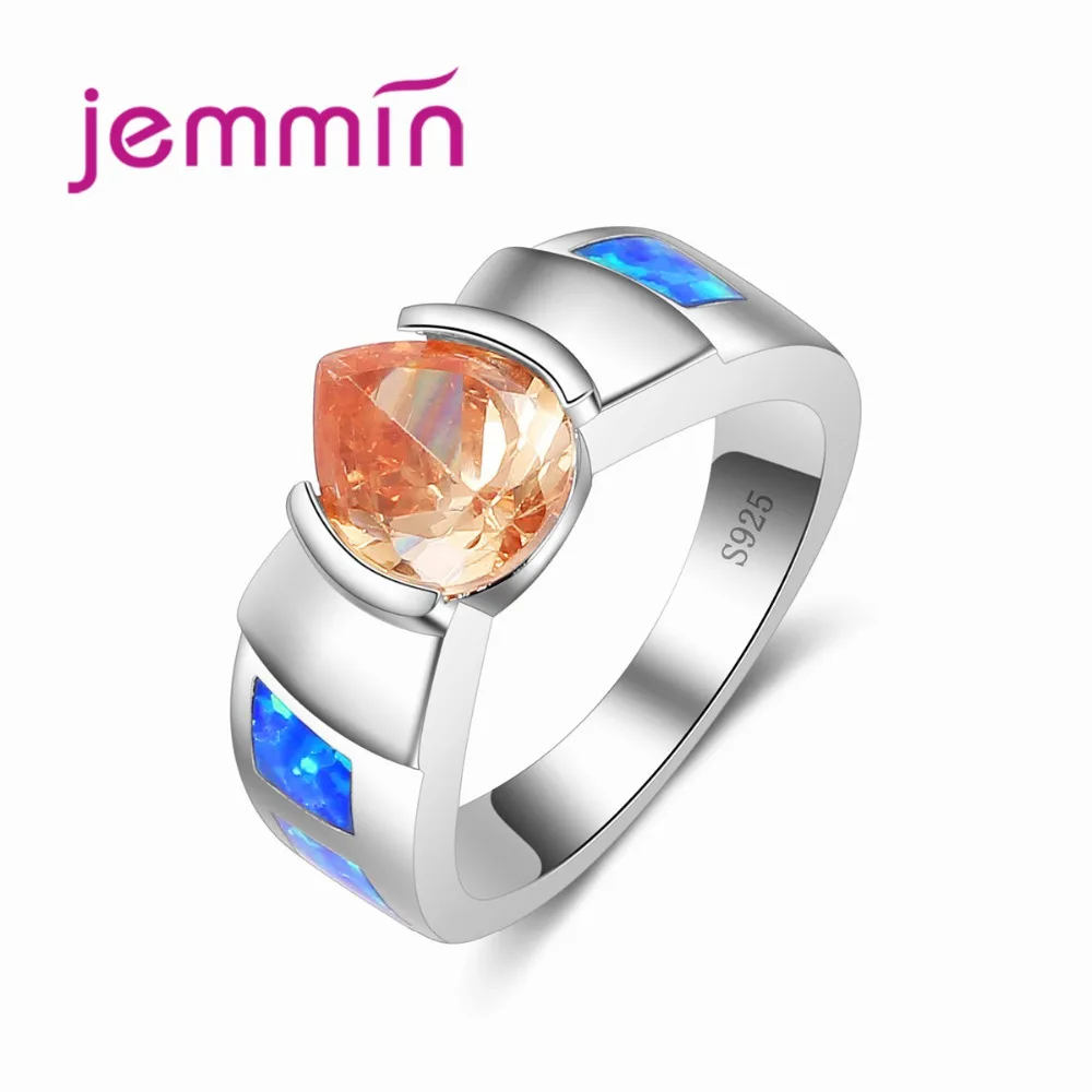 Hot Brand Orange Water Drop Crystal Ring Blue Fire Opal Ring 925 Sterling Silver  Women Lady Girls Dress Accessories