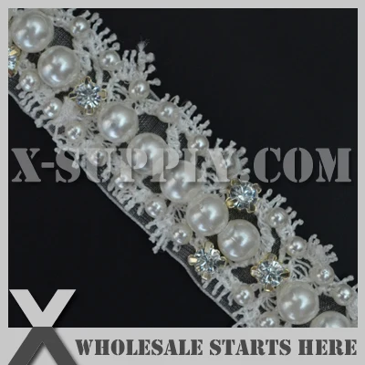 

DHL Free Shipping Decoration White Bridal Lace Trim with Ivory Pearl Beads and Rhinestone for Wedding Dress,Collars,Clothes