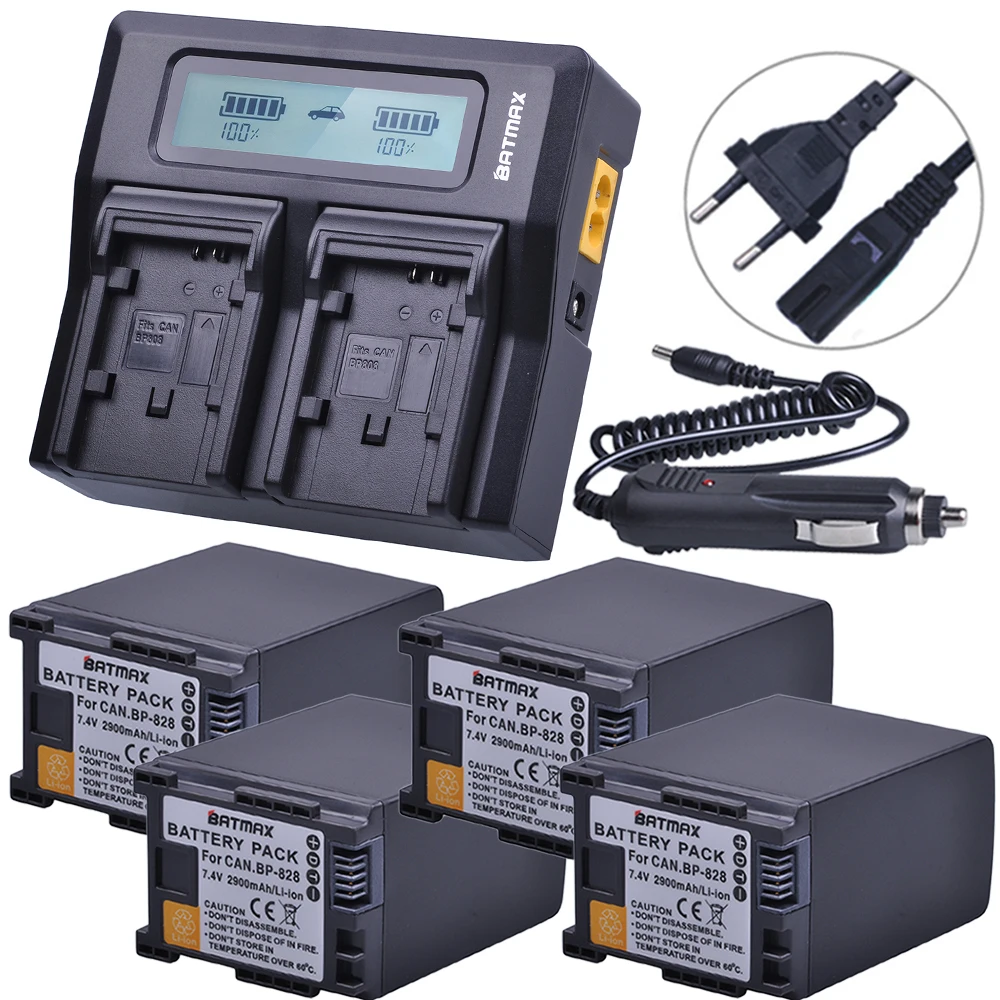 4Pc 2900mAh BP828 BP 828 Camera Batteries + Rapid LCD Dual Charger for Canon BP-820 LEGRIA iVIS VIXIA HF G30 G40 XA20 XA25 XA35