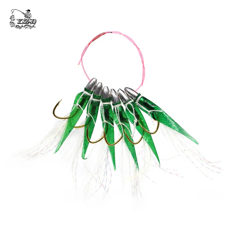 Fish Skin Bait Rig for Sardine 6Pcs Saltwater Sea Sabiki Rigs Glow Sabiki Bait Rigs Rigged Fishing Lures Feathers Hooks