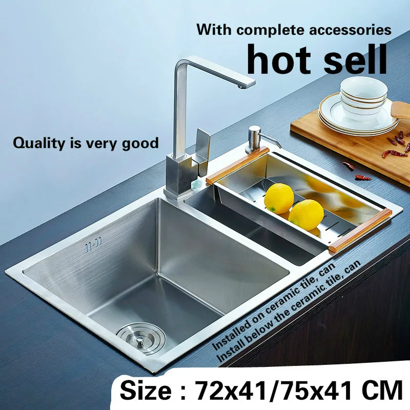 

Free shipping kitchen sink double trough 304 stainless steel durable hand made hot sell 720x410 / 750x410 MM