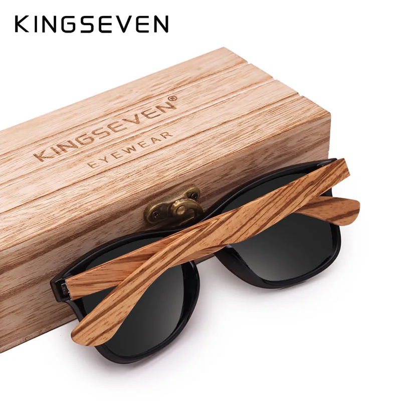 KINGSEVEN-Lunettes de soleil polarisées en bois faites à la main pour hommes et femmes, lunettes banboo, lentille de protection UV400, mâle 600, mode