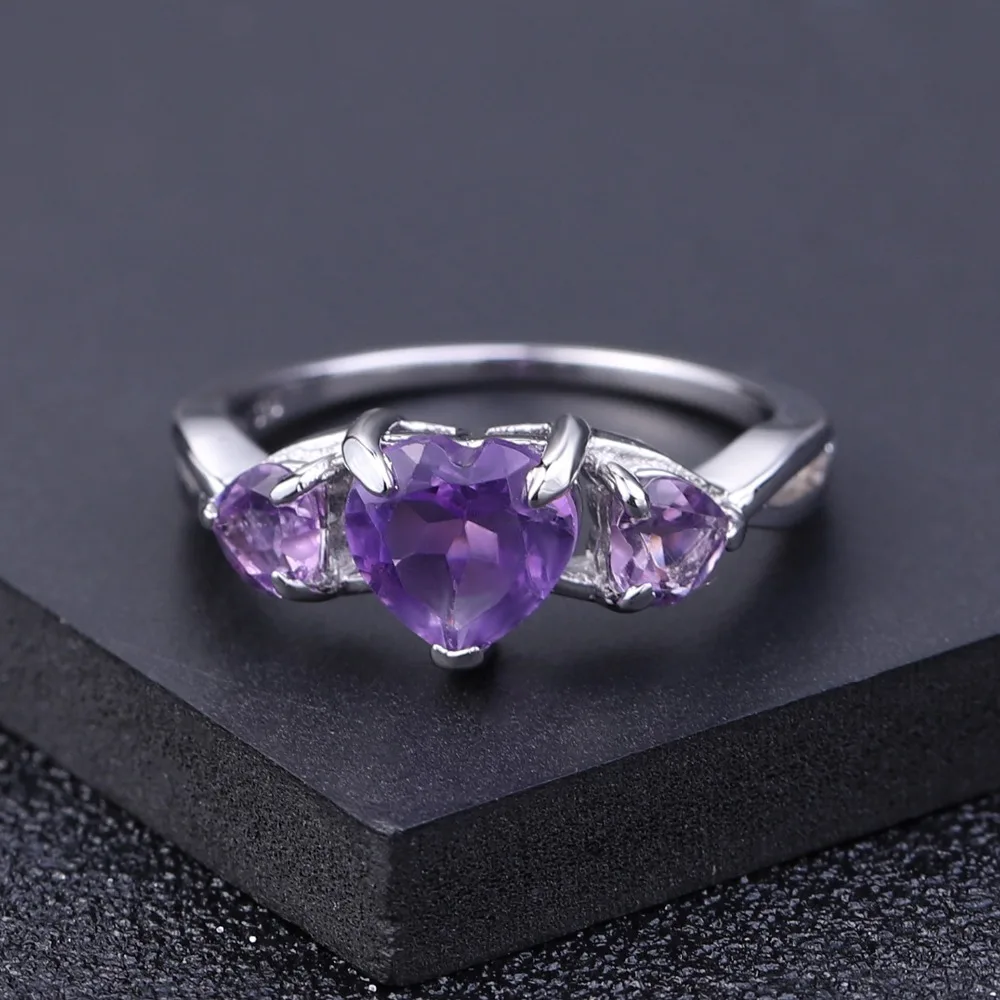 GEM\'S BALLET 925 Sterling Silver February Birthstone Ring 1.71Ct Natural Amethyst Heart Rings For Women Valentine\'s Day Jewelry