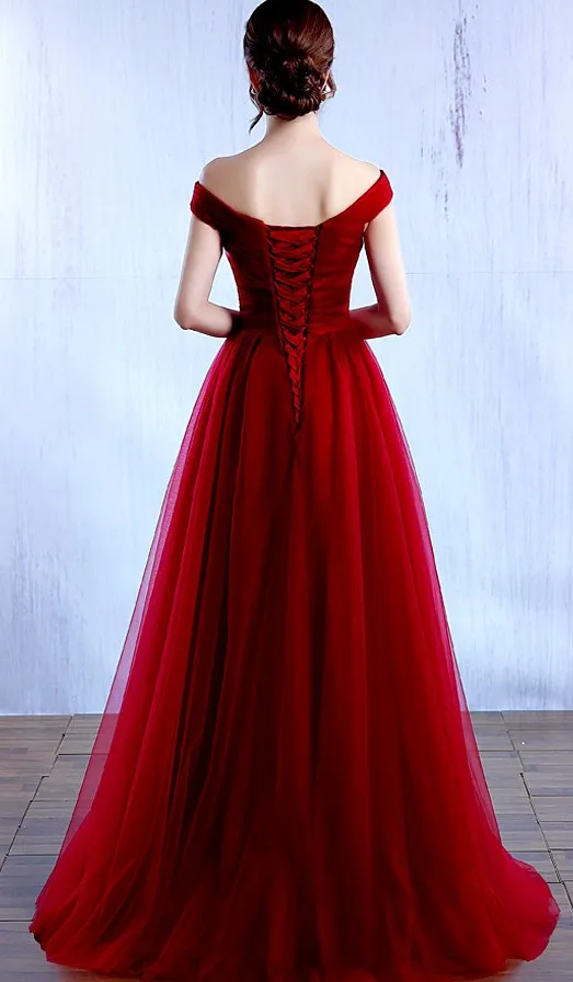 Elegant Off The Shoulder Tulle Dress V Neck Bodycon Wedding Party Dress Burgundy /Red /Pink Evening Party Maxi Dress Vestidos