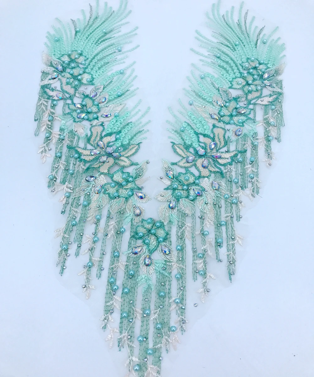 Pure handmade rhinestones light green lace applique sew on crystal trimming patches 60*33cm/62*30cm for dress accessory