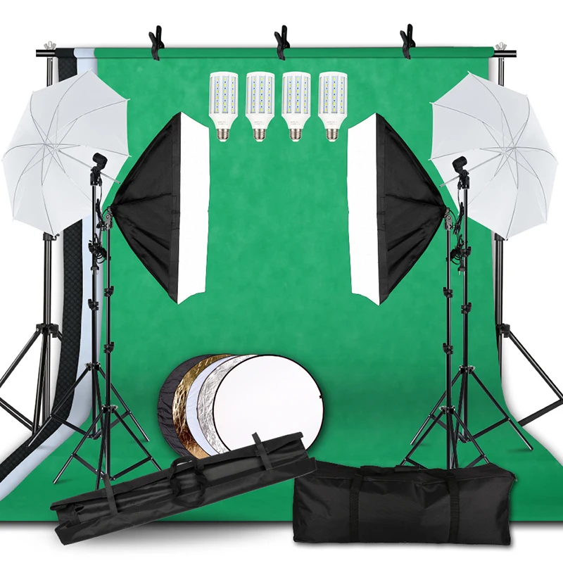 

Photography Photo Studio Softbox Lighting Kit With 2.6x3M Background Frame 3pcs Backdrops Tripod Stand Reflector Board Umbrella