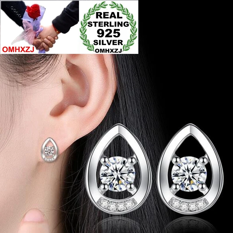 OMHXZJ Wholesale Sweet Lovely Fashion OL Woman Girl Wedding Two Choice Heart Seed Zircon 925 Sterling Silver Stud Earrings YS409