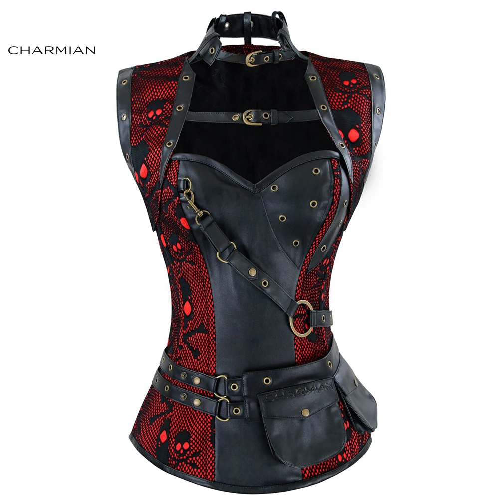 Charmian 3 pezzi Steampunk corsetto gotico da donna broccato in acciaio disossato Plus Size bustier corsetto Top con giacca e cintura a marsupio marrone