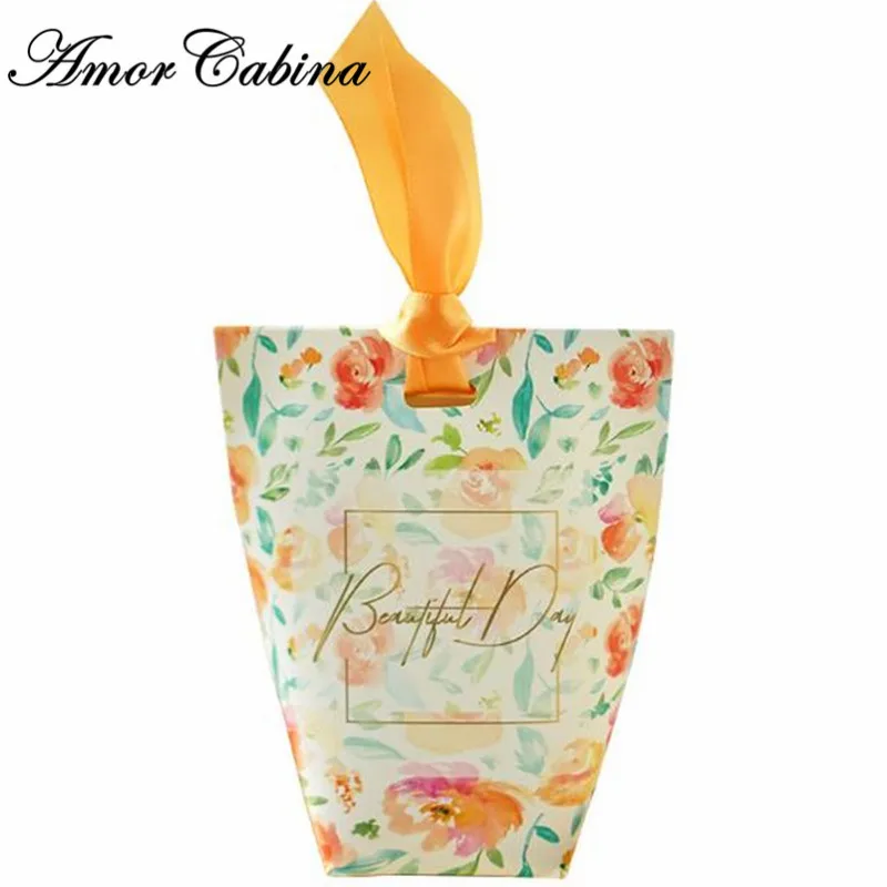 100pcs European wedding small fresh like flower candy box golden ribbon baby shower party thanks gift box chocolate sachet