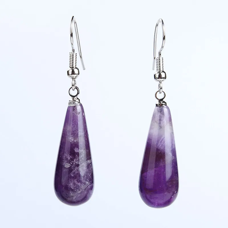 Sliver Plated Natural Purple White Crystal Amethysts Tiger Eye Stone Water Drop Earrings Wedding Jewelry Hook Dangle Earring