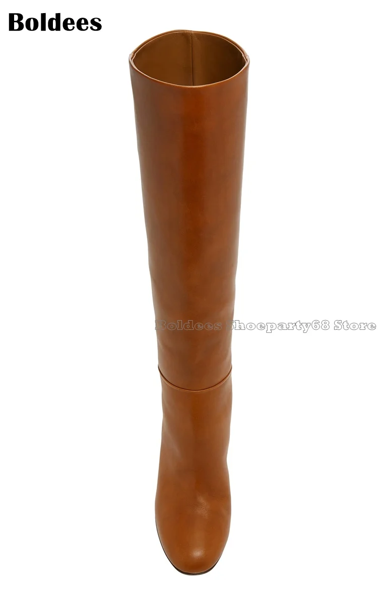 laddiator Zapatos Mujer Brown Black Leather Large size 35-43 Women Inside Zipper Winter Knee High Boots Chunky Heeled Booty