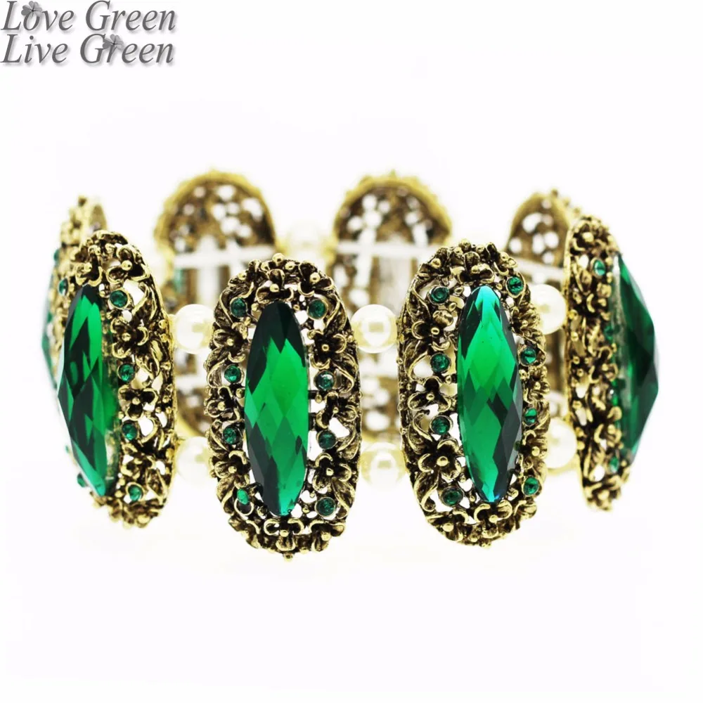 New Design Vintage Green Crystal Oval Shine Stone Rhinestones Bracelet Bangle Jewelry Women Wedding Fashion