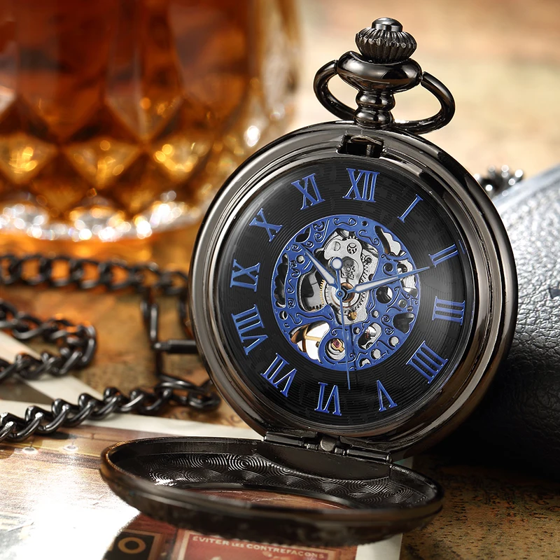 Retro Steampunk Mechanical Pocket Watch Bronze Flower Laser Engraved Fob Chain Box Package Men Women Flip Watches Skeleton Clock