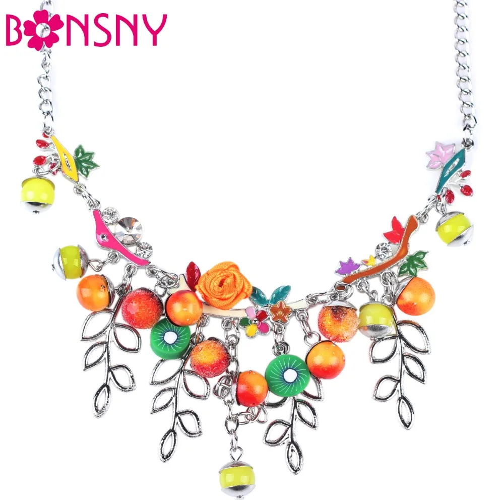 

Bonsny Statement Necklace Flower Fruit Enamel Branch Alloy Long Chain Choker 2016 New Jewelry For Women Charm Collar Accessories