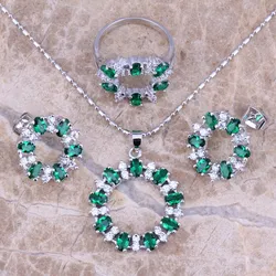 Adorable Green Cubic Zirconia Silver Plated Jewelry Sets Earrings Pendant Ring Size 6 / 7 / 8 / 9 / 10 S0141