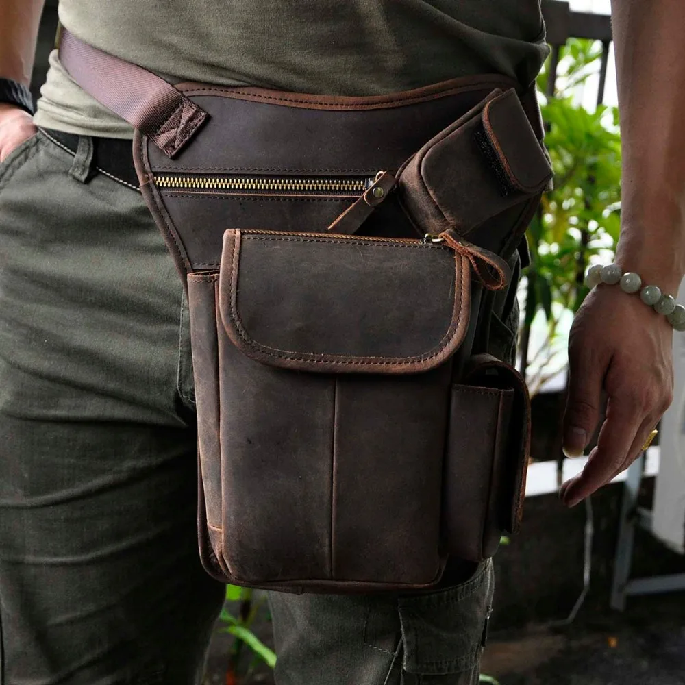 Luxury Natural Leather Design men vintage Coffee Small Belt Messenger Bag Design Fanny Waist Pack Drop Leg Thigh Bag Pouch 3106